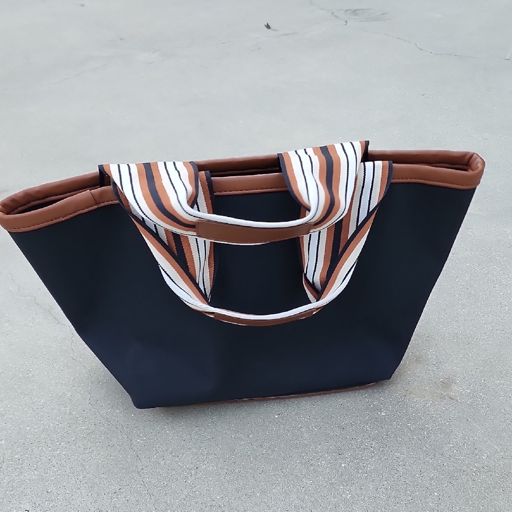 Tuckernuck Blue & Brown Striped Handle Small Tote Bag Structured Classic - Picture 2 of 7
